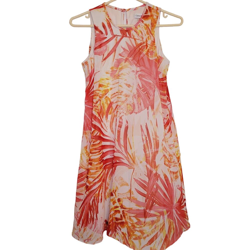 Calvin Klein orange tropical sleeveless midi dress Size 4P Resort Vacation